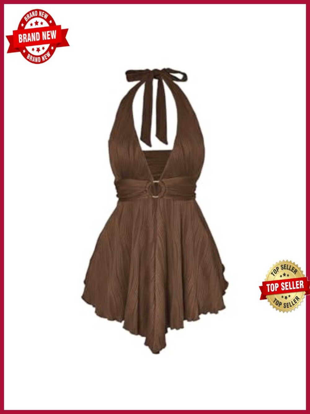 Plus Size Deep V Neck Halter Top with Ring Tie Backless Ruffle Split